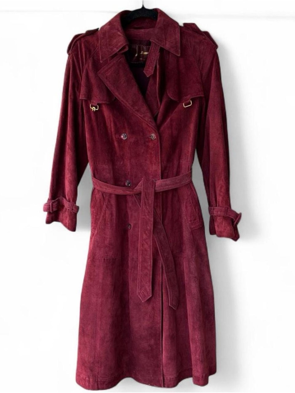 Vintage Etienne Aigner Burgundy Suede Long Trench Coat with Belt Size 12